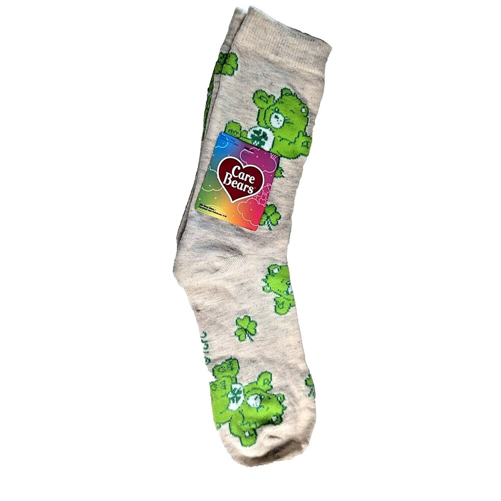 Care Bears Good Luck Bear Women's Crew Socks Tan Green Clovers Sz 4-10 Holiday